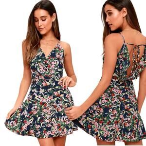 Lulus Jazmin Navy Blue Floral Skater Dress Women’s XL Fit Flare Romantic NWOT